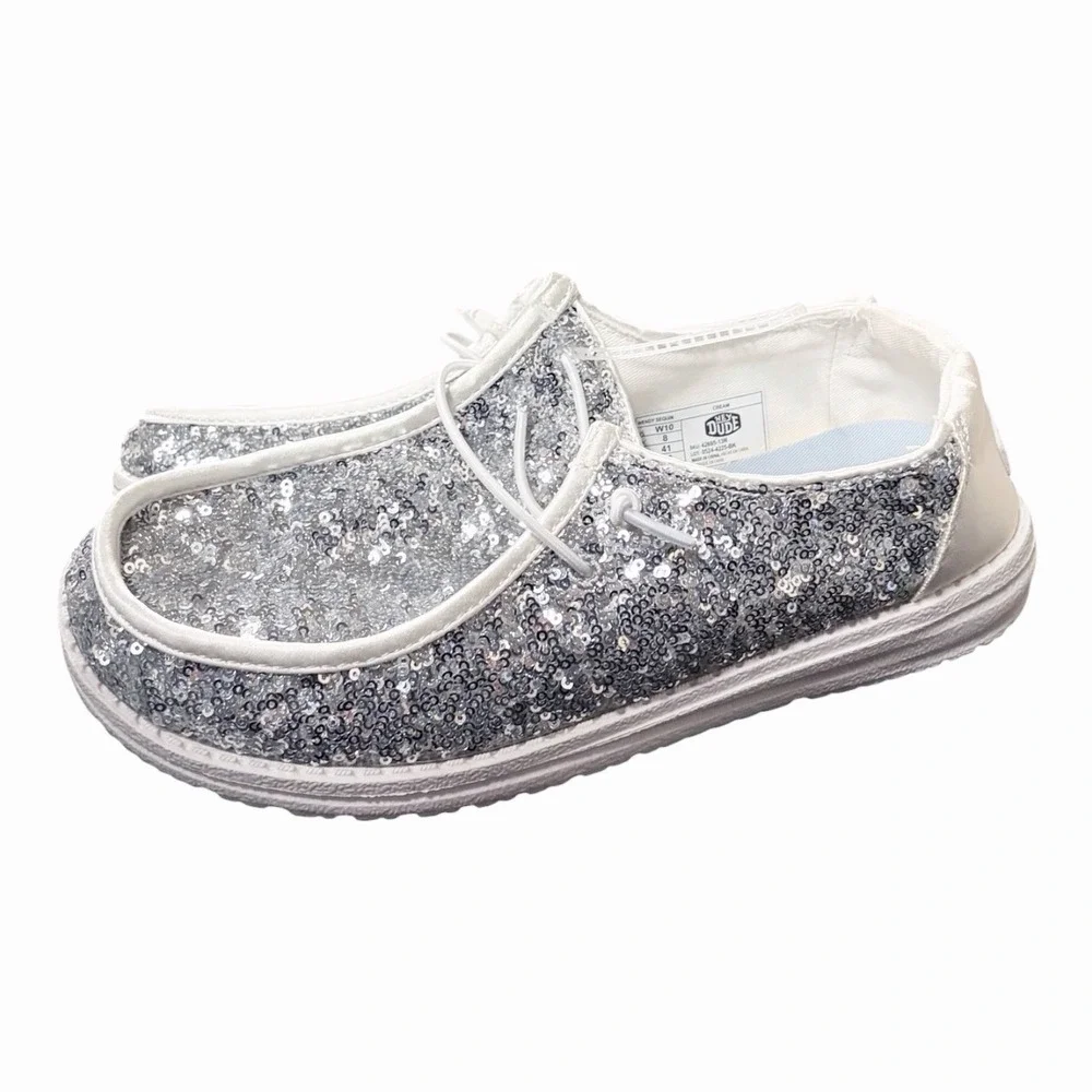 Hey Dude Wendy Sequin Women Size 10 Cream Silver Sparkle Slip On NEW With Tags